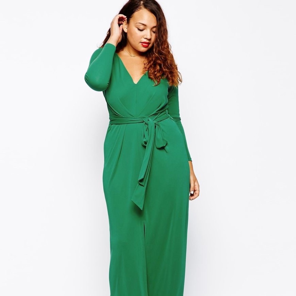 Grecian style maxi dress with front slit and tie.